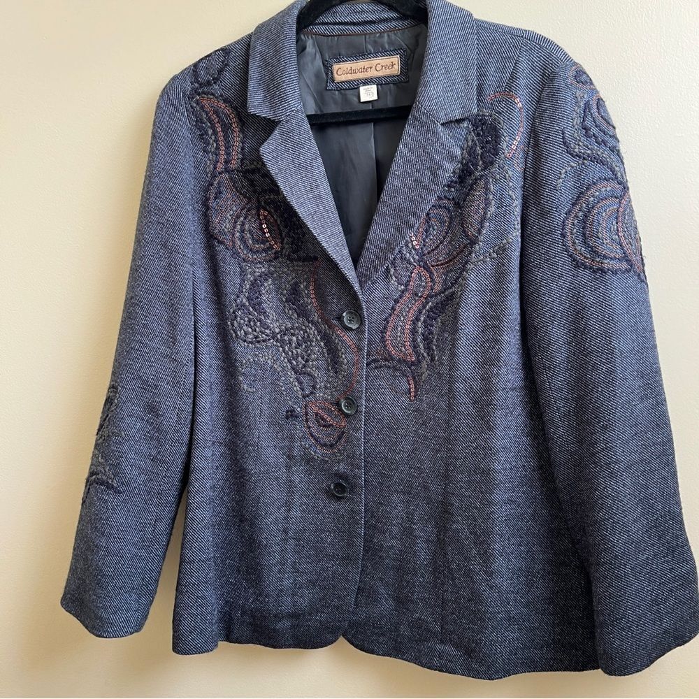 COLDWATER CREEK Blue wool blend Embroidered Blazer Jacket Size 14